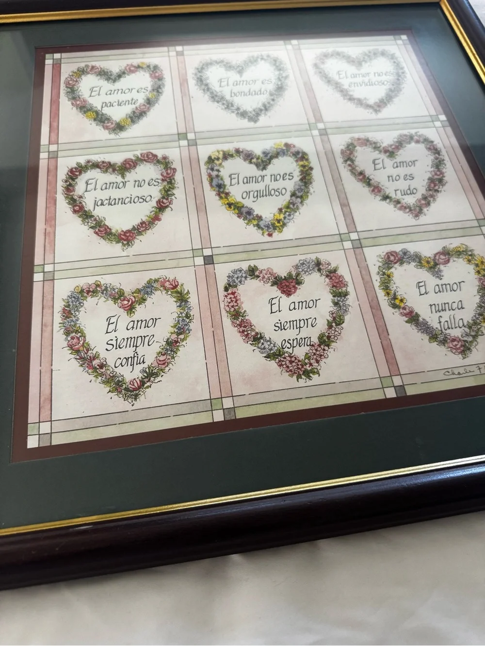 Framed Floral Heart Sentiment Wall Art - Green Mat, Black Frame